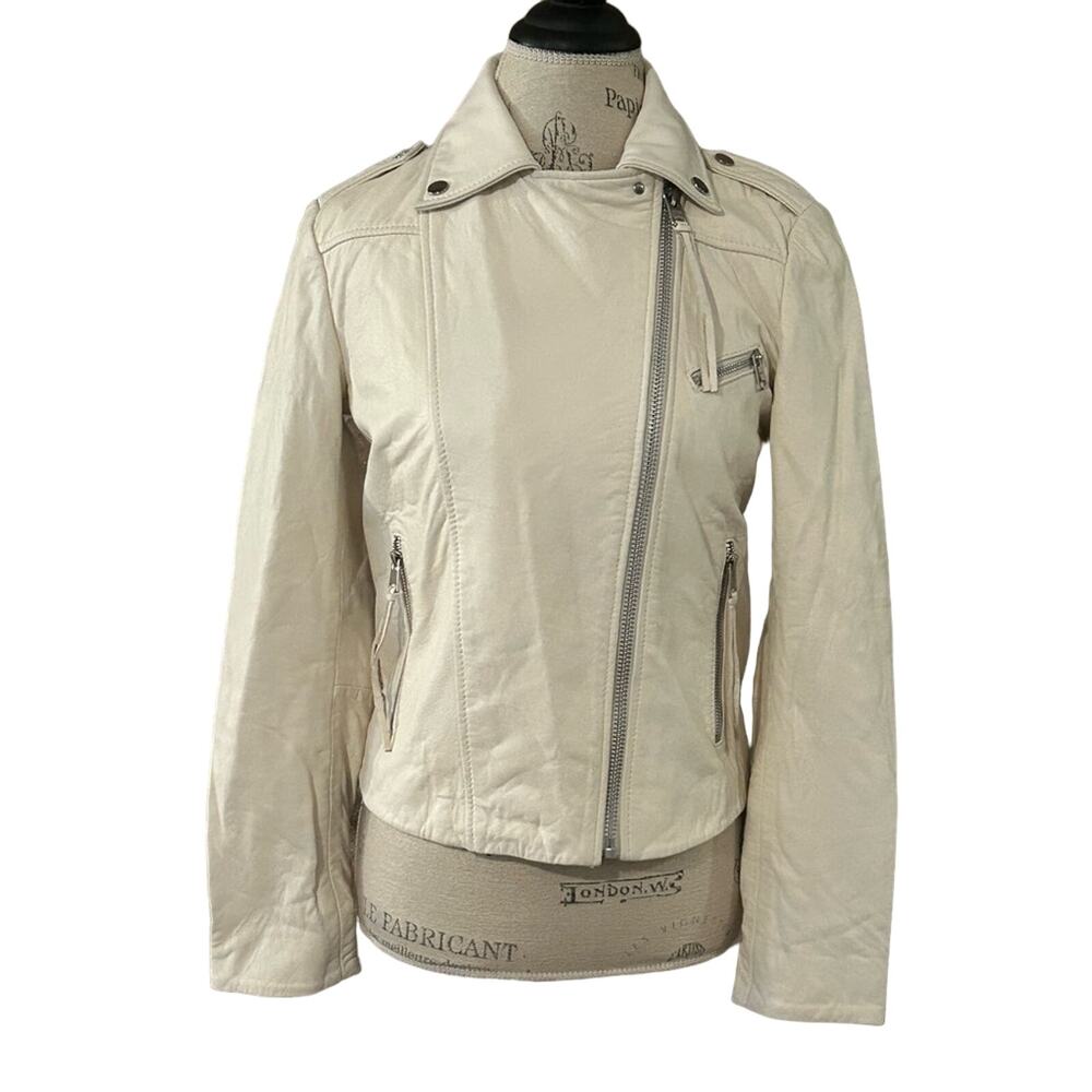 Mango white ivory sheep leather moto jacket biker sz XS full zipper